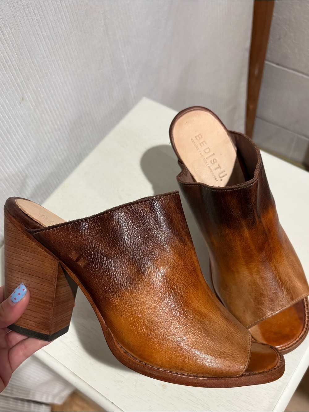 BED-STU Women's Brown Leather Open-Toe Block Heel Mules